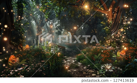 A magical forest path illuminated by fairy lights winds through lush greenery. 127413619