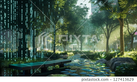 A tranquil urban park at dusk features trees illuminated with glowing lights. A wooden bench sits by a stream lined with stepping stones. 127413629