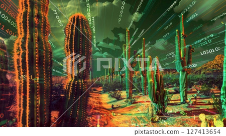A group of Saguaro cacti stand in a desert landscape, with a vibrant digital overlay of green and orange lines and numbers. A group of Saguaro cacti stand in a desert landscape, with a vibrant digital overlay of green and orange lines and numbers. 127413654