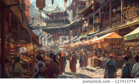 Busy Asian market: vendors under colorful awnings, people shopping and chatting. Traditional buildings line the street with lanterns hanging from eaves Busy Asian market: vendors under colorful awnings, people shopping and chatting. Traditional buildings line the street with lanterns hanging from eaves 127413774