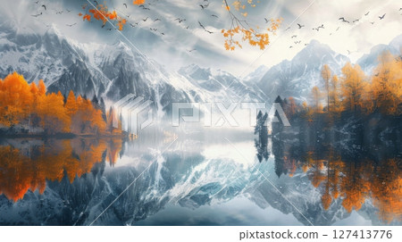 A serene lake reflects snow-capped mountains and fall foliage. The orange and yellow leaves contrast with the blue water and white snow, creating a vibrant image 127413776