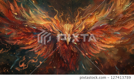 A phoenix bird in flight, surrounded by swirling flames and a starry background. A phoenix bird in flight, surrounded by swirling flames and a starry background. 127413789