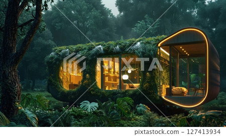 A modern house with a green roof and large windows is illuminated at night in a dense forest. 127413934