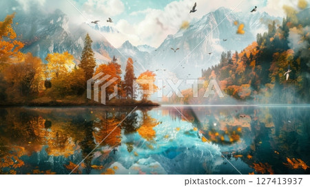 Autumn foliage and trees line the shore of a mountain lake, with snow-capped peaks rising in the background. The water is calm and reflects the beauty of the surrounding landscape. 127413937