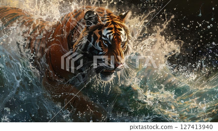 A tiger bursts from the water, creating a spray of droplets. The tiger's fur is wet and glistening, its eyes focused intensely. A tiger bursts from the water, creating a spray of droplets. The tiger's fur is wet and glistening, its eyes focused intensely. 127413940