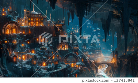 An ancient city within a cavern, glowing with windows and lamps amongst towering rocks and a winding river, creating a scene of wonder 127413941
