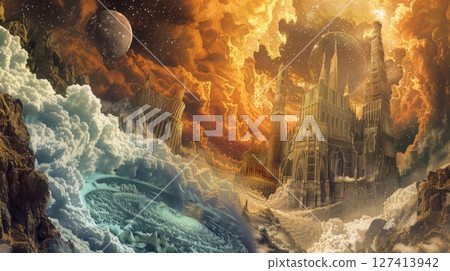 A fantastical city with tall towers, intricate architecture, and a golden sky filled with clouds. A large, red planet hangs in the distance, adding to the surreal scene. 127413942