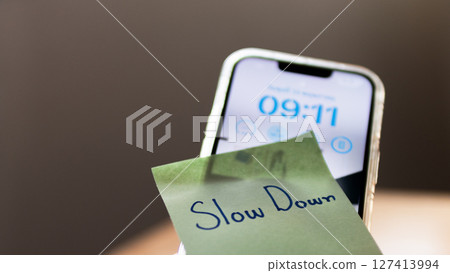 Time management reminder home office digital note calm environment close-up view productivity concept 127413994