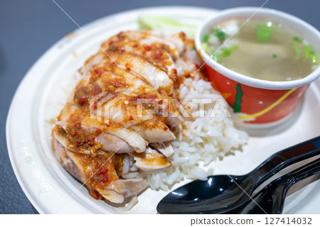 Delicious chicken rice dish local food stall culinary experience urban setting close-up view flavorful feast Delicious chicken rice dish local food stall culinary experience urban setting close-up view flavorful feast 127414032