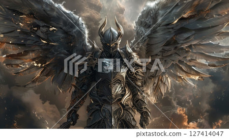 A warrior clad in dark armor and a horned helmet stands amidst a stormy sky, their large feathered wings spread wide. 127414047