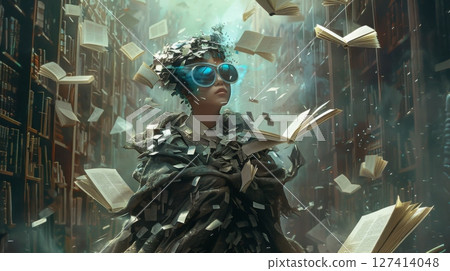 A person with blue sunglasses stands in a room with books falling from the ceiling, holding an open book. 127414048