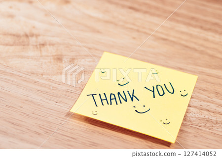 Positive affirmation note home office image cozy environment close-up view gratitude concept 127414052