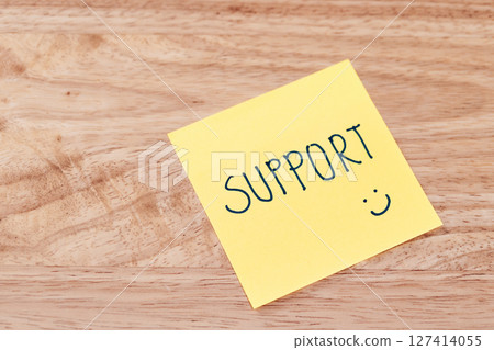 Supportive messages work environment visual content office desk close-up motivational concept 127414055