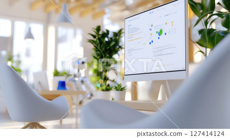 Modern coworking space with minimalist design, interactive smart walls, and humanoid robots among humans. Robotics and automation 127414124