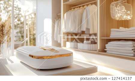 Robotic ironing assistant skillfully ironing a shirt in a modern laundry room with smart shelves and ambient lighting. Robotics and automation 127414137