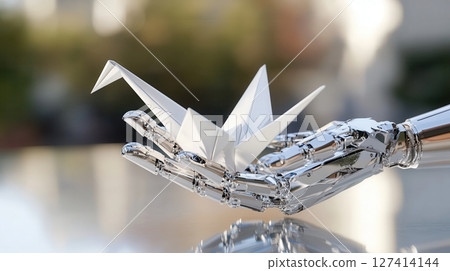 Robotic hand holding white origami crane over glass table symbolizing technology and fragility in harmony. Robotics and automation 127414144