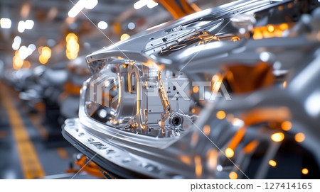 Robotic arms assembling sleek silver car frame on automated production line in high-tech automotive factory. Robotics and automation 127414165