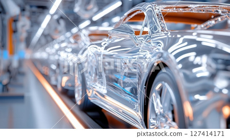 Robotic arms assembling sleek silver car frame in high-tech automotive factory with ambient lighting. Robotics and automation 127414171