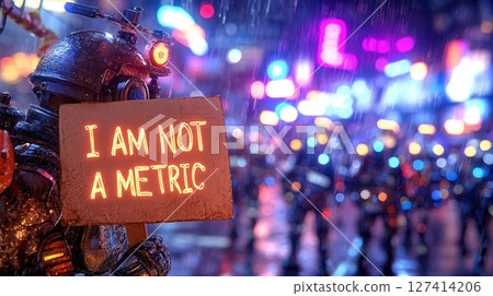 Protester holding sign reading I AM NOT A METRIC faces humanoid robots in intense night protest scene. Robotics and automation Protester holding sign reading I AM NOT A METRIC faces humanoid robots in intense night protest scene. Robotics and automation 127414206