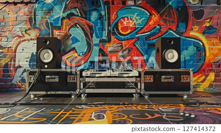 A DJ setup with two turntables and speakers sits in front of a colorful graffiti wall. 127414372