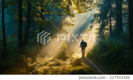 A solitary hiker walks along a forest path enveloped in the warm glow of sunlight breaking through the trees. The lush greenery and tranquil atmosphere create a peaceful escape into nature. 127414380