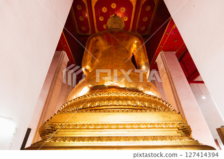 Golden buddha statue temple in thailand cultural icon serene environment rear view spiritual significance Golden buddha statue temple in thailand cultural icon serene environment rear view spiritual significance 127414394