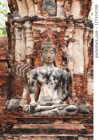 Ancient buddha statue ayutthaya historical landmark cultural heritage front view spiritual significance 127414398