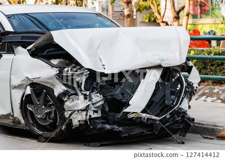 Car accident scene urban street daylight close-up collision damage details 127414412