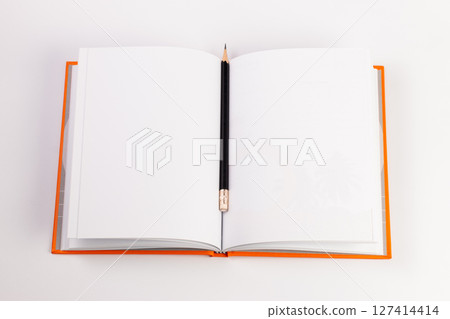 Creative writing journey blank notebook minimalist top-down view inspiration 127414414