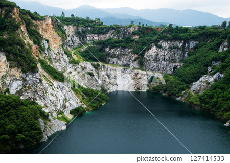 Stunning view of a serene lake amidst rocky mountains nature tranquil environment aerial perspective 127414533