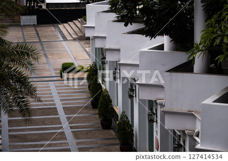 Serene architectural walkway in urban area minimalist style peaceful atmosphere 127414534
