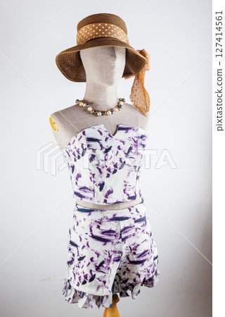 Fashion show displaying floral summer outfit studio apparel minimalist front view style inspiration 127414561