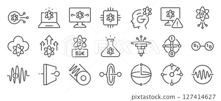 quantum computing icon set. It included Qubit, cloud, physic, computer, circuit, cloud, and more icons. 127414627