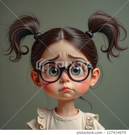 A capricious little girl with glasses. A little capricious girl with glasses and two ponytails on her head, dissatisfied with something. A capricious little girl with glasses. A little capricious girl with glasses and two ponytails on her head, dissatisfied with something. 127414679