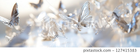 Mechanical butterflies with metallic wings flutter in formation through frosted glass corridor, reflecting light with robotic elegance. Robotics and automation Mechanical butterflies with metallic wings flutter in formation through frosted glass corridor, reflecting light with robotic elegance. Robotics and automation 127415383