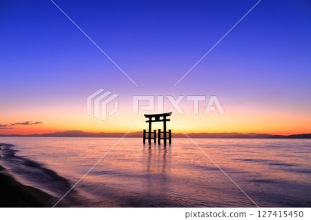 [滋賀郡]白須神社大鳥居湖的黎明（琵琶湖） 127415450