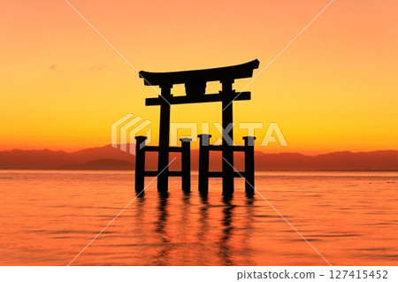 [Shiga Prefecture] Dawn at the large torii gate of Shirahige Shrine in the lake (Lake Biwa) 127415452
