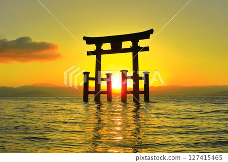 [Shiga Prefecture] Shirahige Shrine's large torii gate in the lake and sunrise (Lake Biwa) 127415465