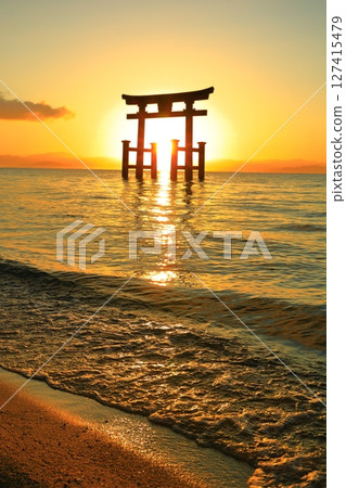[滋賀郡] 白須神社湖中的大鳥居與日出（琵琶湖） 127415479