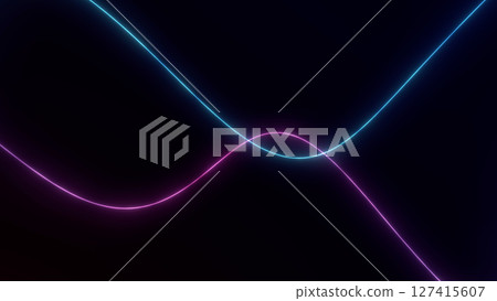 Smooth neon wave lines in blue and pink colors on dark background. Abstract glowing curves for futuristic tech visuals, digital art or modern UI design. Clean and stylish backdrop. 127415607