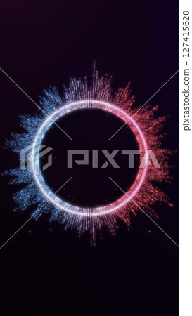 Futuristic particle ring glowing with red and blue sparkles on dark background. Vertical sci-fi circle element for modern tech design, social reels or cyber visuals. Dynamic and stylish. Futuristic particle ring glowing with red and blue sparkles on dark background. Vertical sci-fi circle element for modern tech design, social reels or cyber visuals. Dynamic and stylish. 127415620