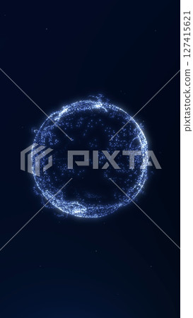Abstract glowing particle sphere with dynamic blue sparkles on dark background. Vertical futuristic element for sci-fi visuals, modern stories, AI or cyber design. Stylish and elegant. 127415621