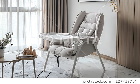 A white chair with a tray in front of it 127415714