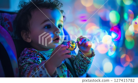 A baby is holding a toy in a car seat 127415782