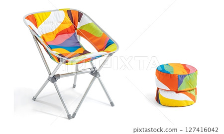 A colorful chair and ottoman are displayed on a white background 127416042