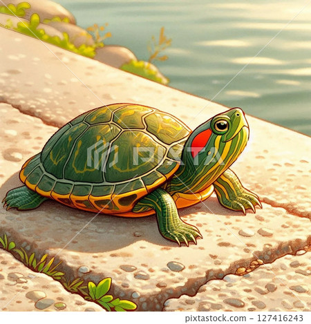 一隻綠耳龜在河岸邊曬太陽 127416243