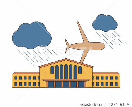 National airport line illustration. Big passenger airplane and airport building. Sky with clouds and rain. Linear modern, trendy vector banner. Bad weather. National airport line illustration. Big passenger airplane and airport building. Sky with clouds and rain. Linear modern, trendy vector banner. Bad weather. 127416339