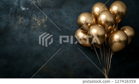 Luxurious Gold Balloons Against Dark Textured Backdrop in Spotlight 127416359