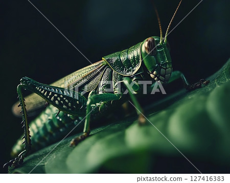 Close-up of a Green Grasshopper on Leaf at Night 127416383