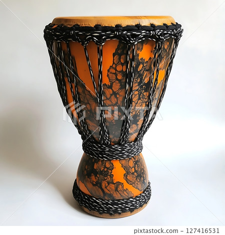 Artistic African Drum with Unique Orange and Black Design Artistic African Drum with Unique Orange and Black Design 127416531